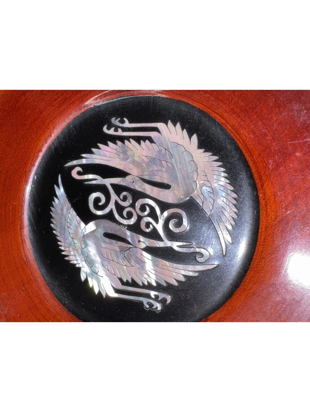 Mother of Pearl Inlay Crane Coasters Set Wood Holder Brass Rope MCM Decor